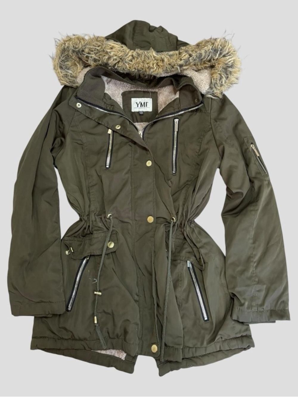 YMI Women's Olive Green Faux Fur Trim Parka Cinched Jacket